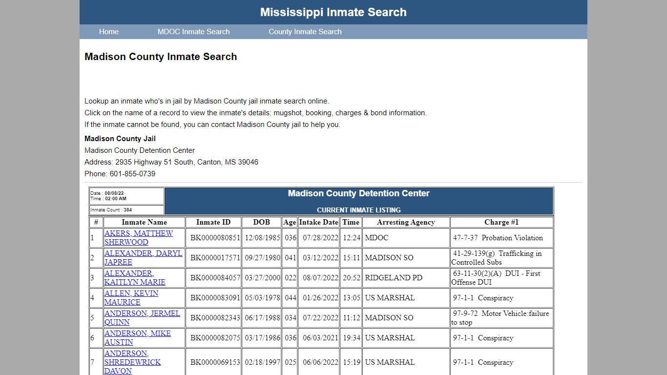 Madison County Inmate Search - Mississippi Inmate Search